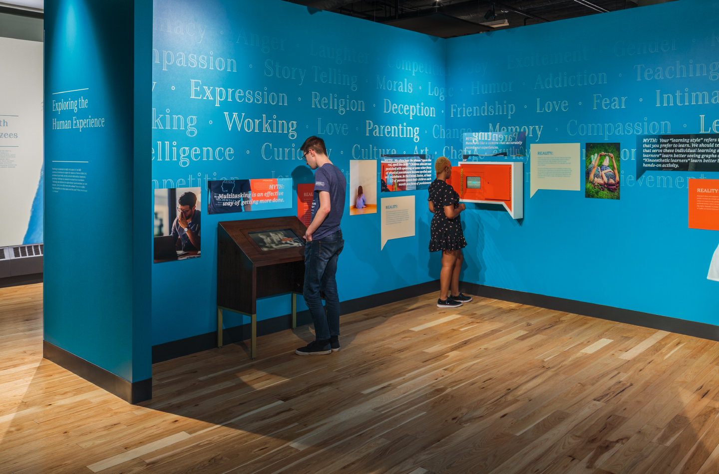 Visitors examining a museum exhibit on the human experience